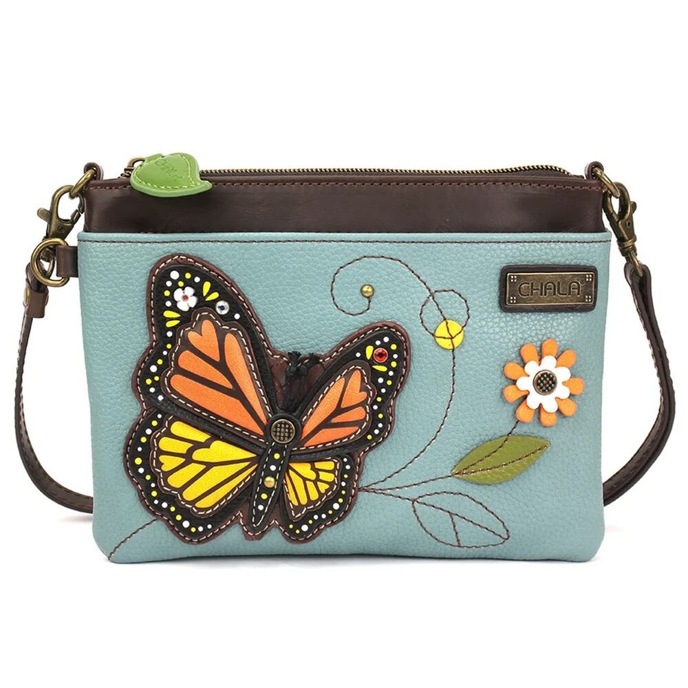 Chala Faux Leather Mini Crossbody Handbag Purse - Monarch Butterfly, Blue NWT